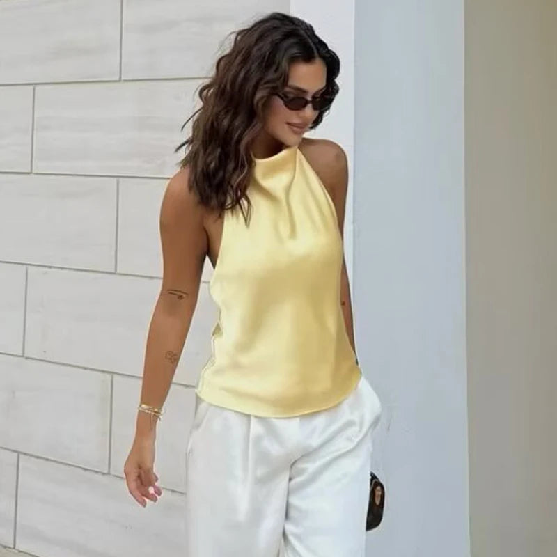 Top para mujer con cuello halter, sin espalda, tipo corsé, sin mangas. Elegante y sexy para el verano.