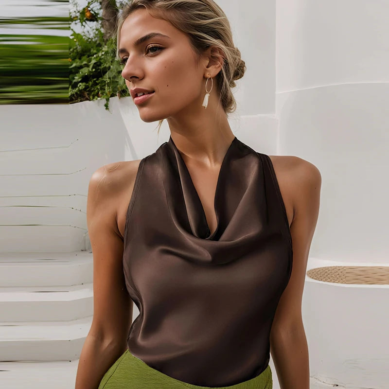 Top para mujer con cuello halter, sin espalda, tipo corsé, sin mangas. Elegante y sexy para el verano.