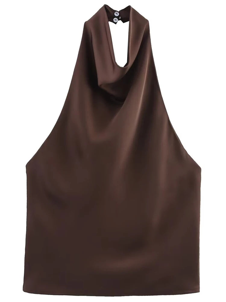 Top para mujer con cuello halter, sin espalda, tipo corsé, sin mangas. Elegante y sexy para el verano.