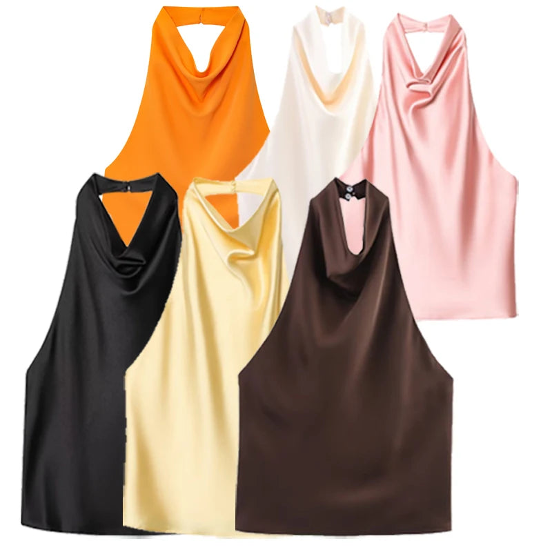 Top para mujer con cuello halter, sin espalda, tipo corsé, sin mangas. Elegante y sexy para el verano.
